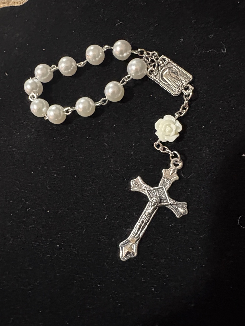 White Pearl Rosary Bracelet with Silver Cross - Women Jewelry